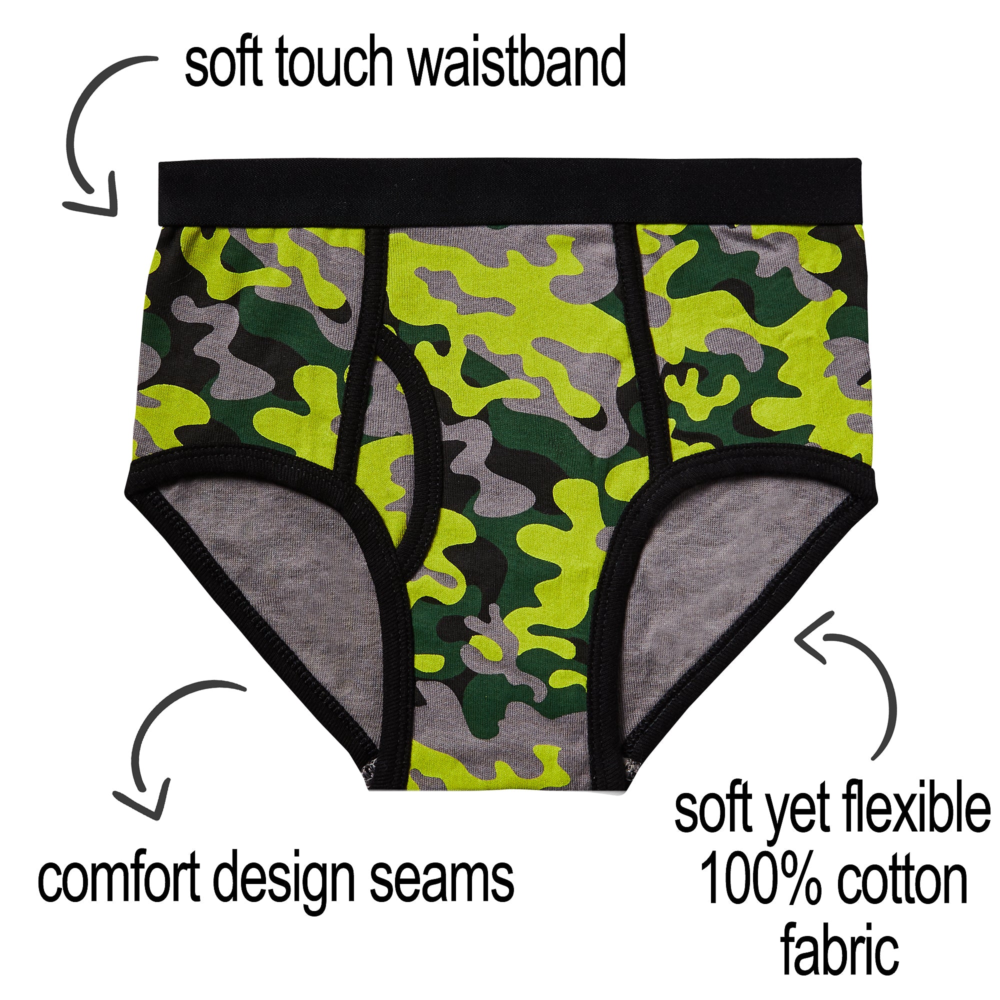 Mallary by Matthew 100% Cotton Boys Briefs Underwear 16 Pack Neon Camouflage